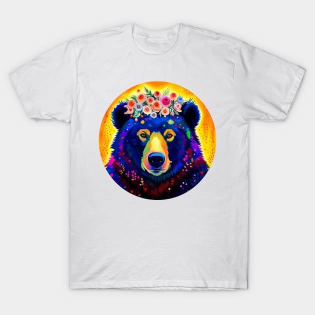 Colorful Floral Black Bear T-Shirt by DestructoKitty